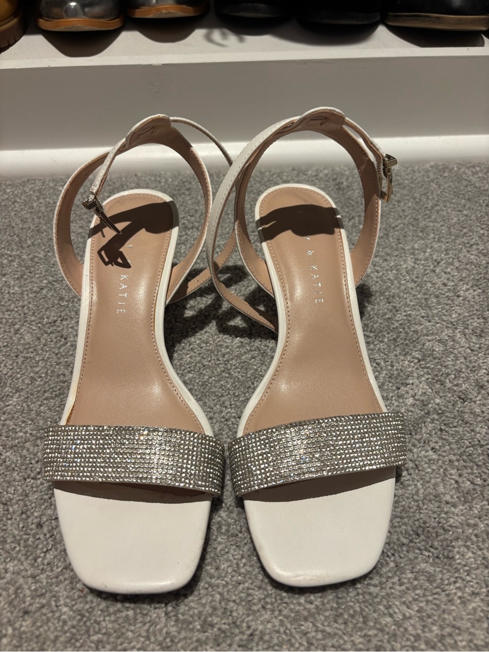 White Ankle-Strap Sandals with Rhinestone Toe Strap Kelly & Katie
